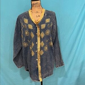 Vintage Denim Cardigan with Gold Embroidery